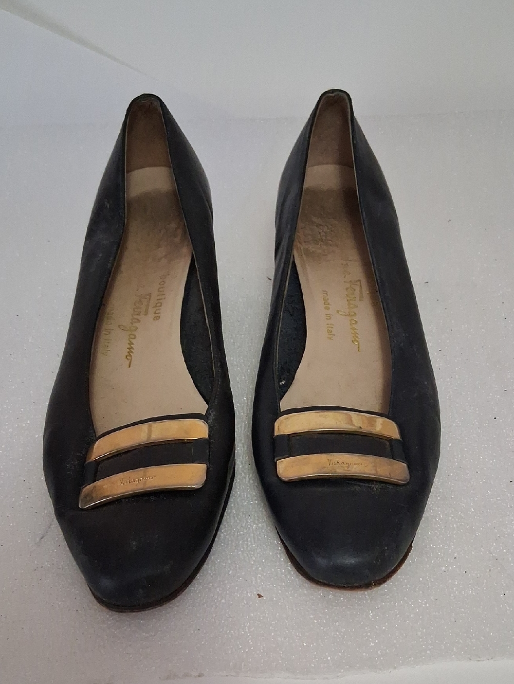 Salvatore Ferragamo Black Leather Flats with Gold Buckle Detail